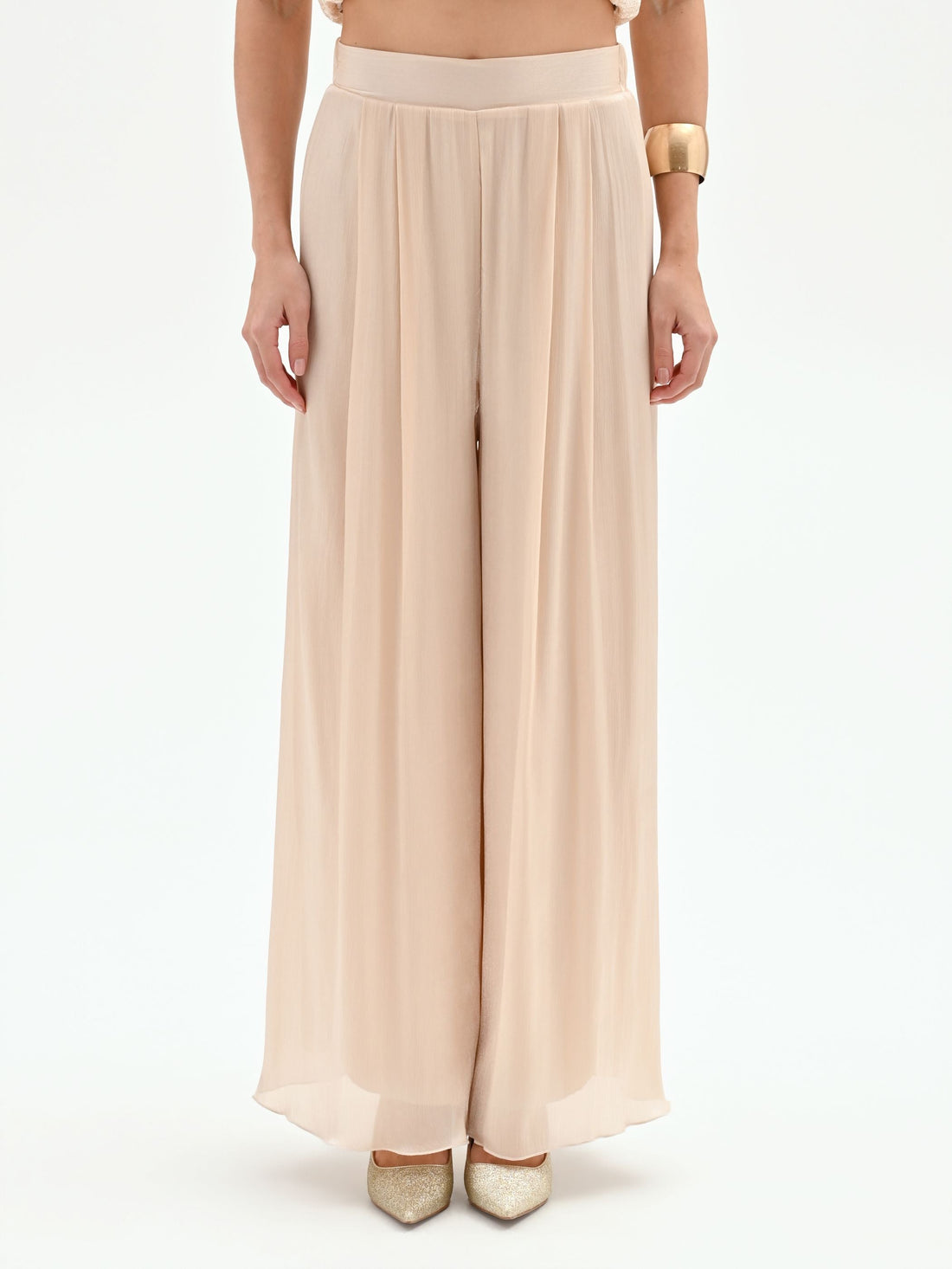 Pantalone a palazzo beige chiaro in raso cangiante