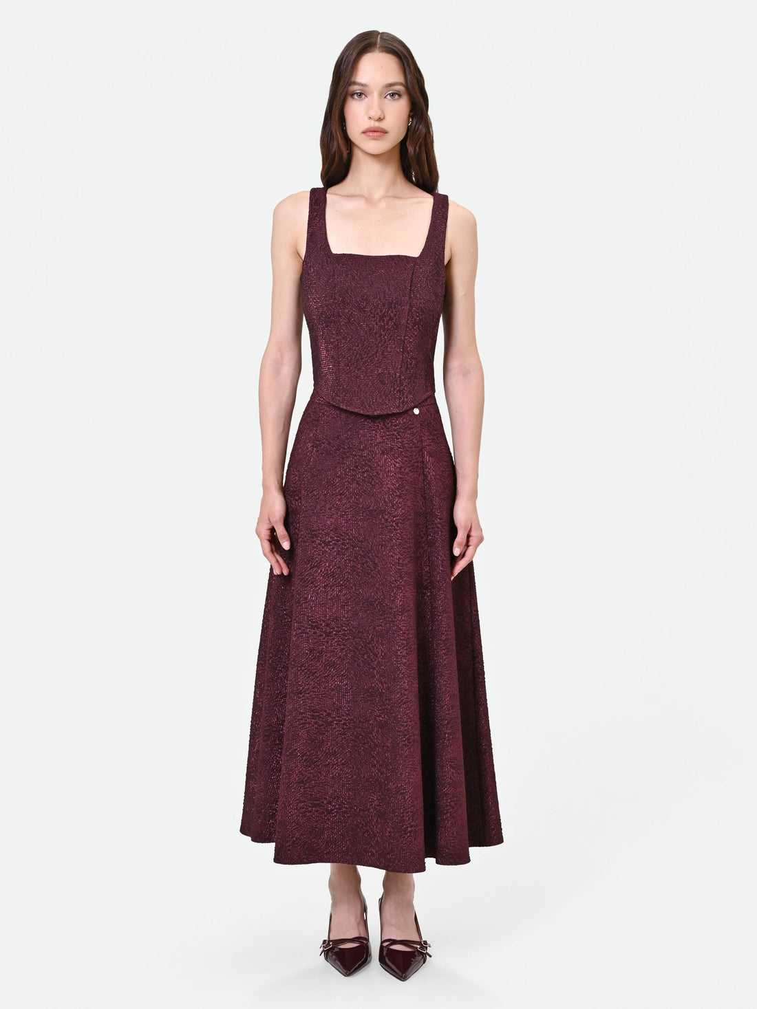 Top bordeaux in tessuto jacquard lamé
