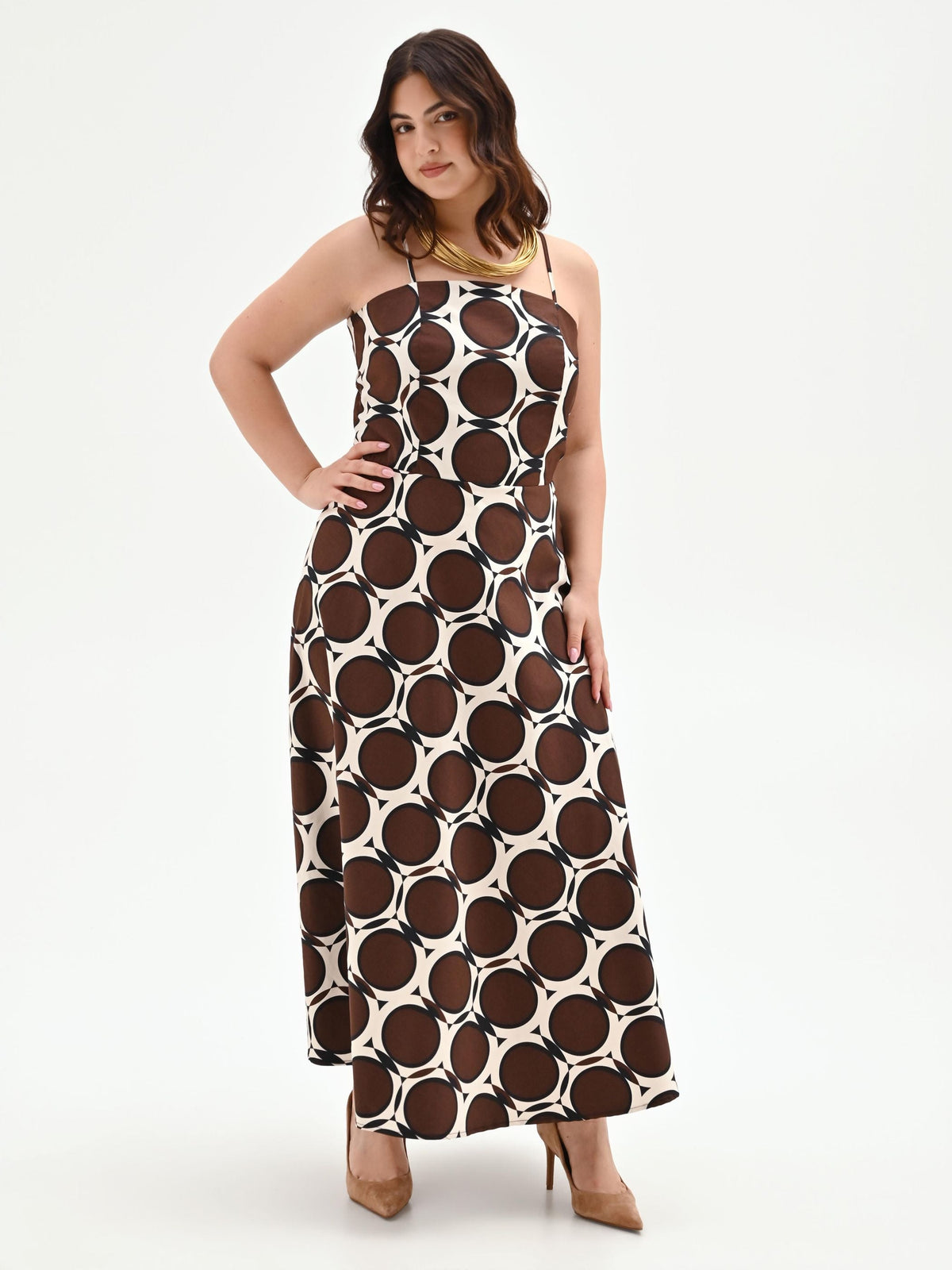 Abito Curvy lungo cioccolato con fantasia geometrica