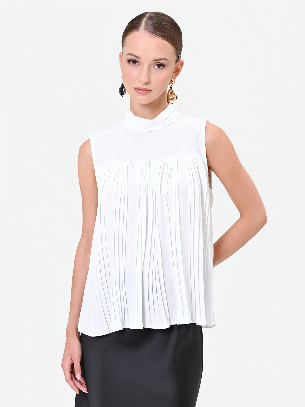 Top smanicato plissé panna bianco