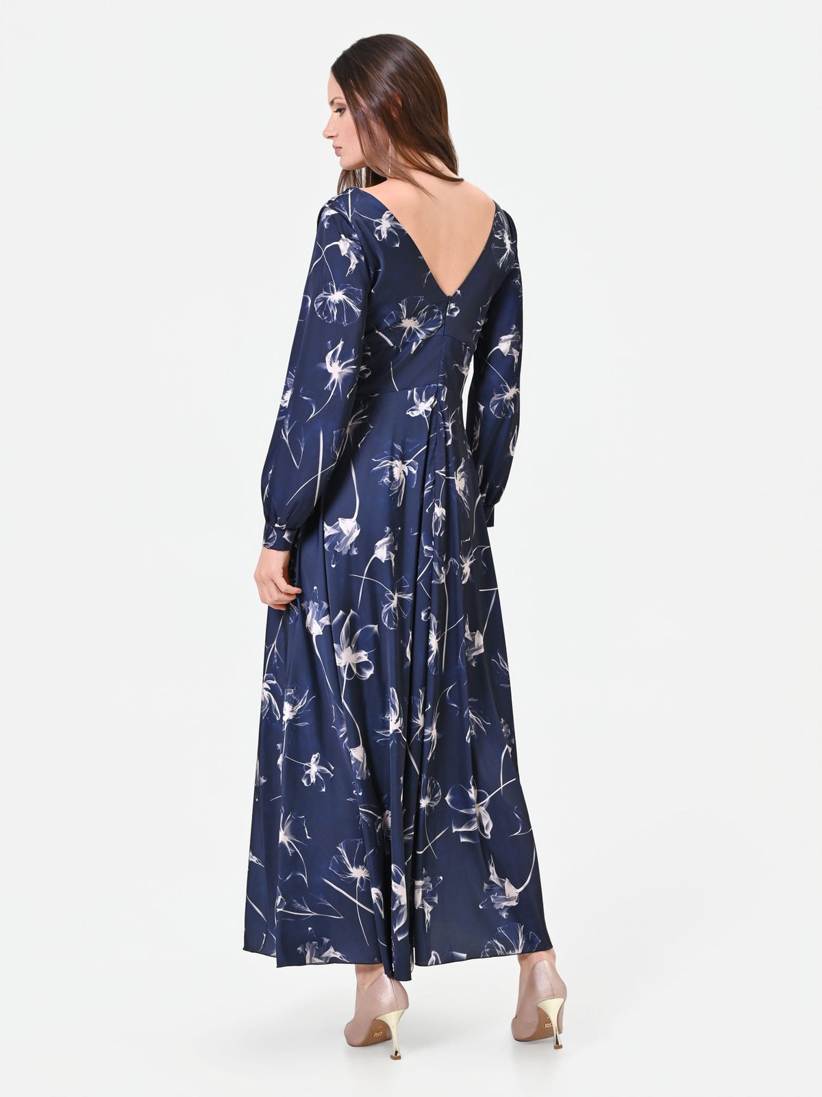Abito lungo blu navy a fantasia floreale