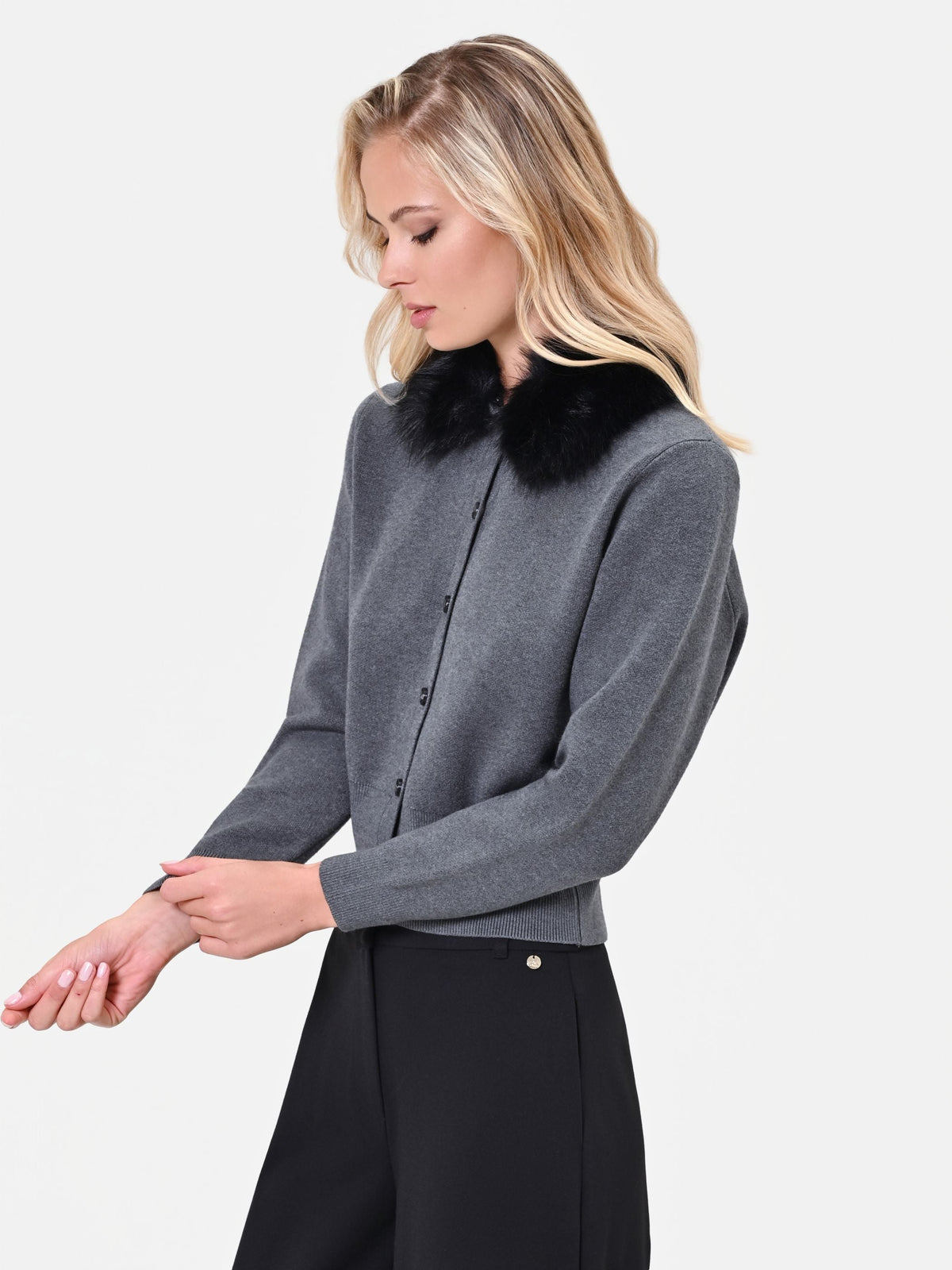 Cardigan in viscosa grigio scuro con collo effetto pelliccia