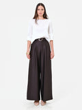 Pantalone palazzo moro marrone con cintura in raso