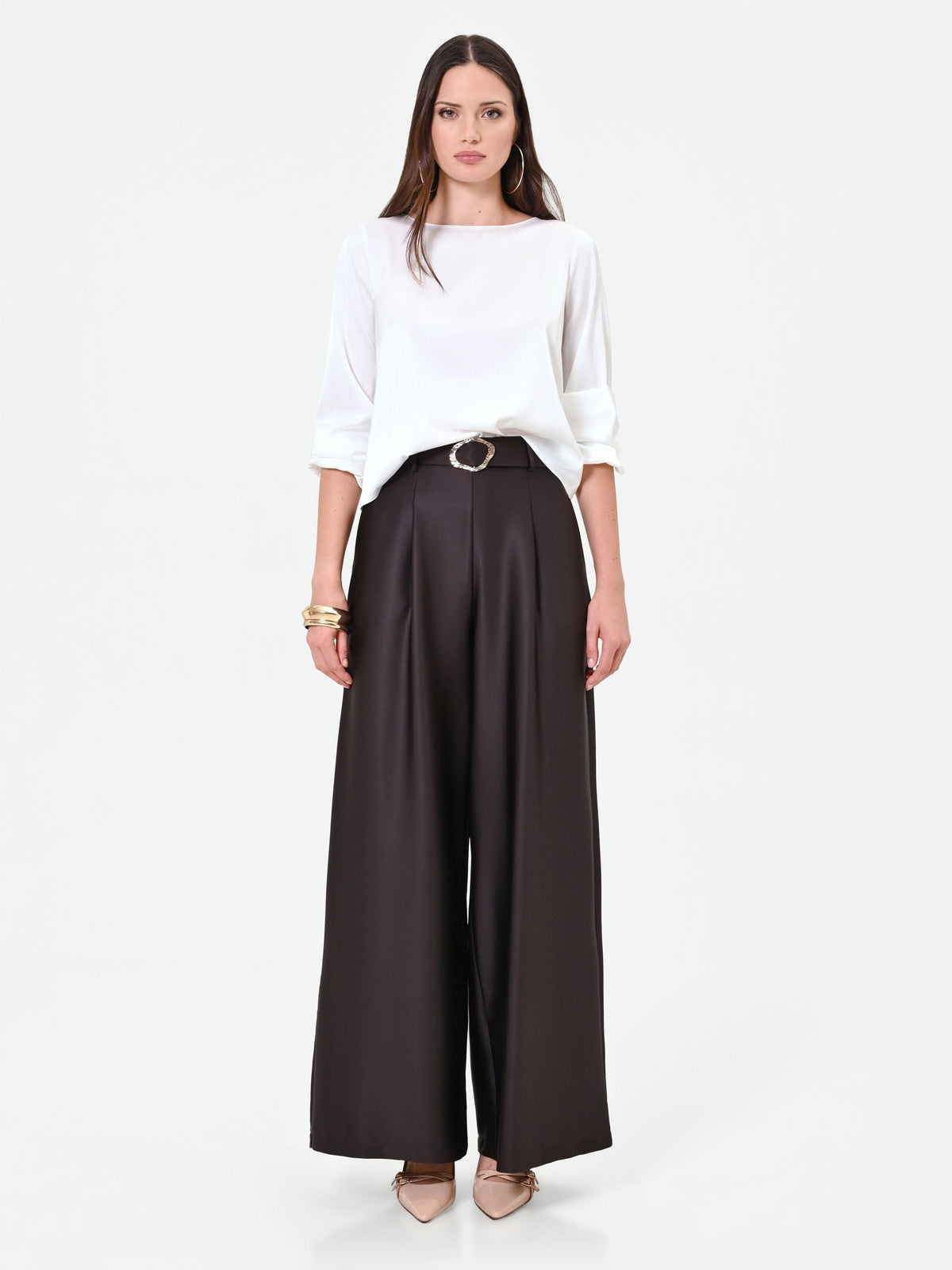 Pantalone palazzo moro marrone con cintura in raso