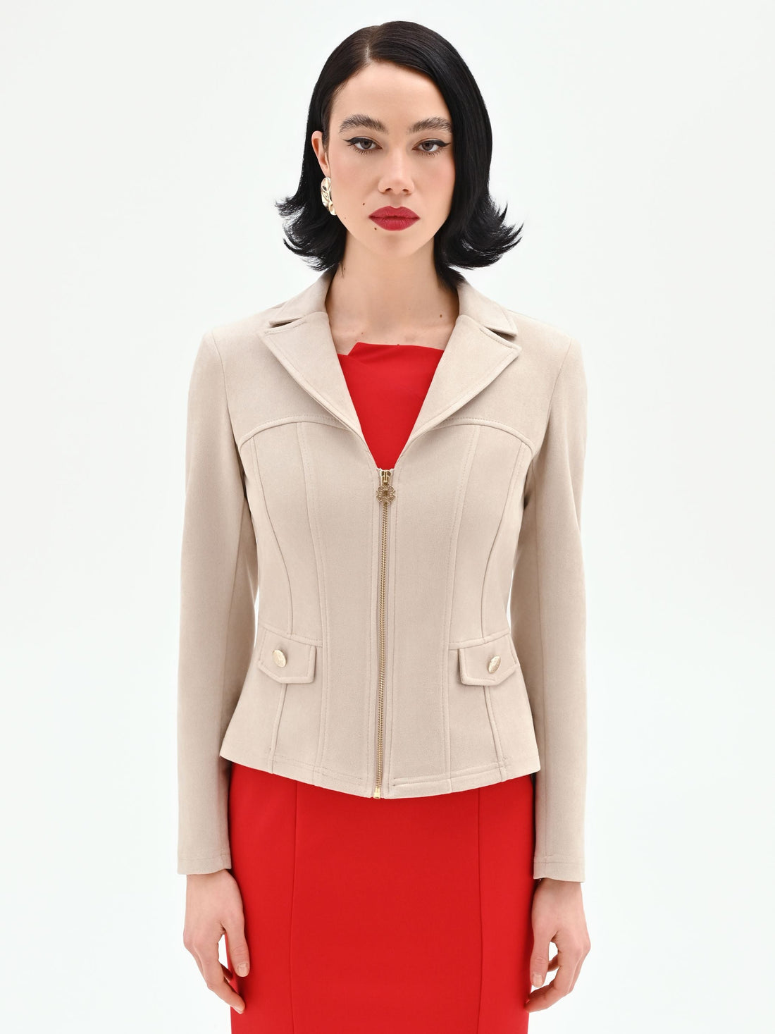 Giacca avvitata color tortora beige effetto camoscio