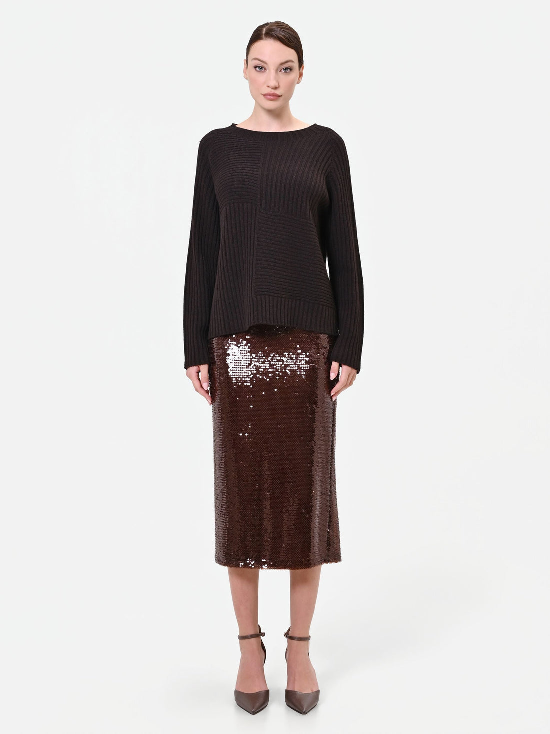 Maglia marrone moro con texture a coste misto viscosa e alpaca