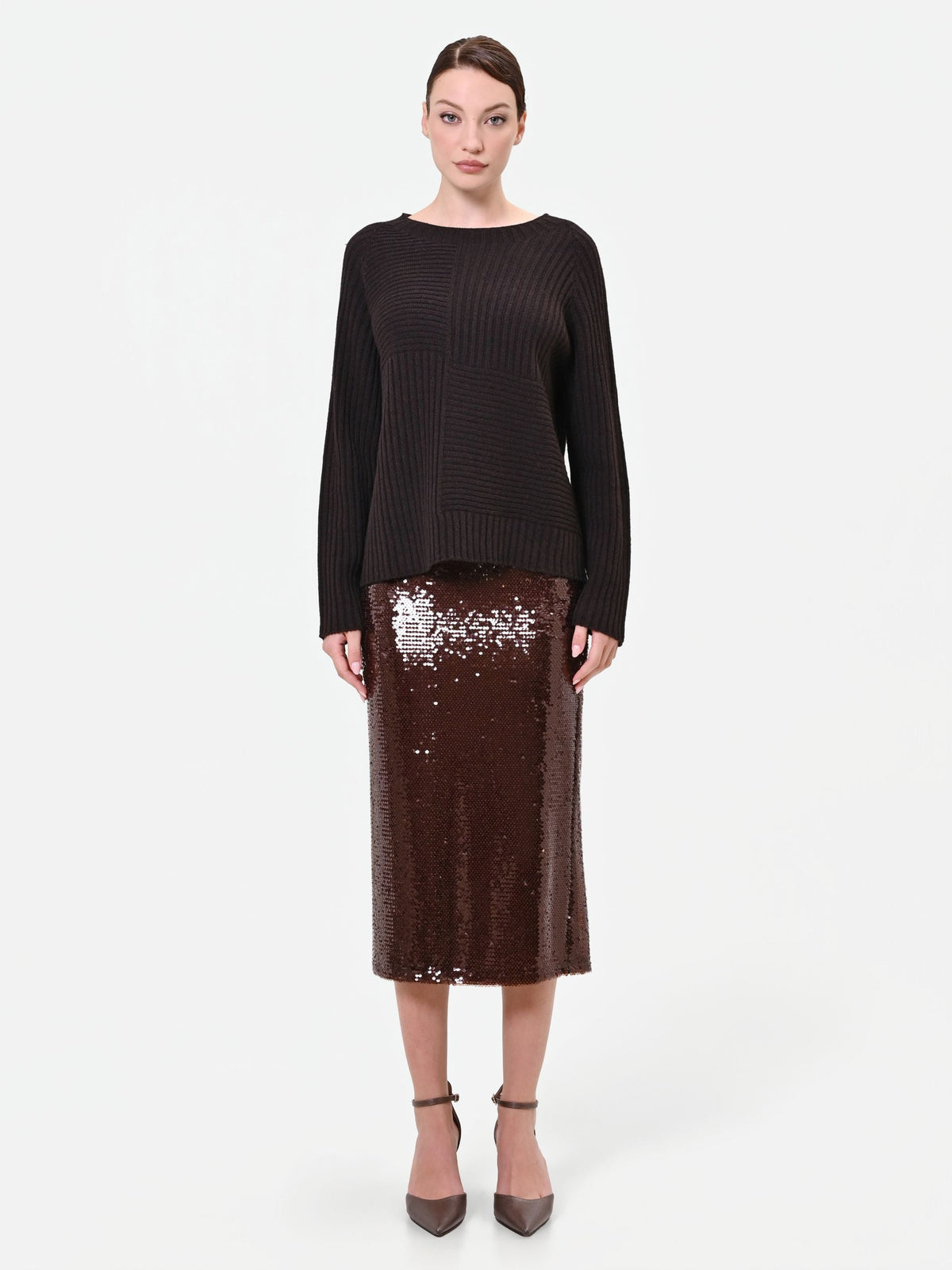 Maglia marrone moro con texture a coste misto viscosa e alpaca