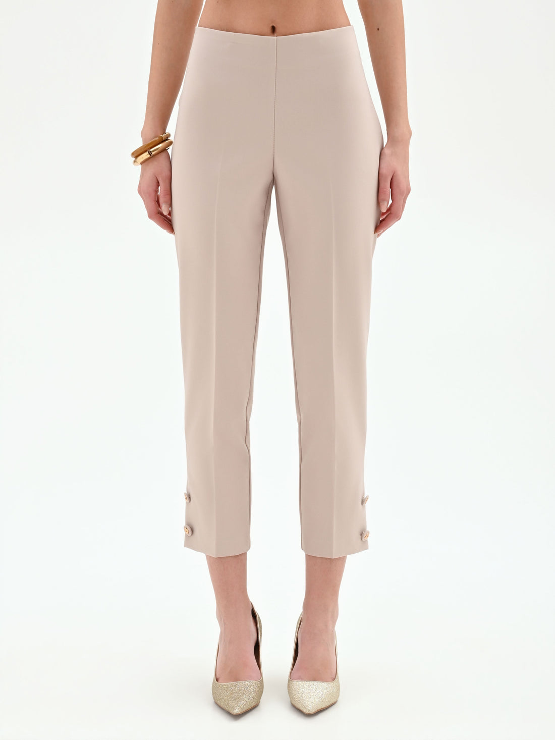 Pantalone cropped tortora beige con bottoni al fondo