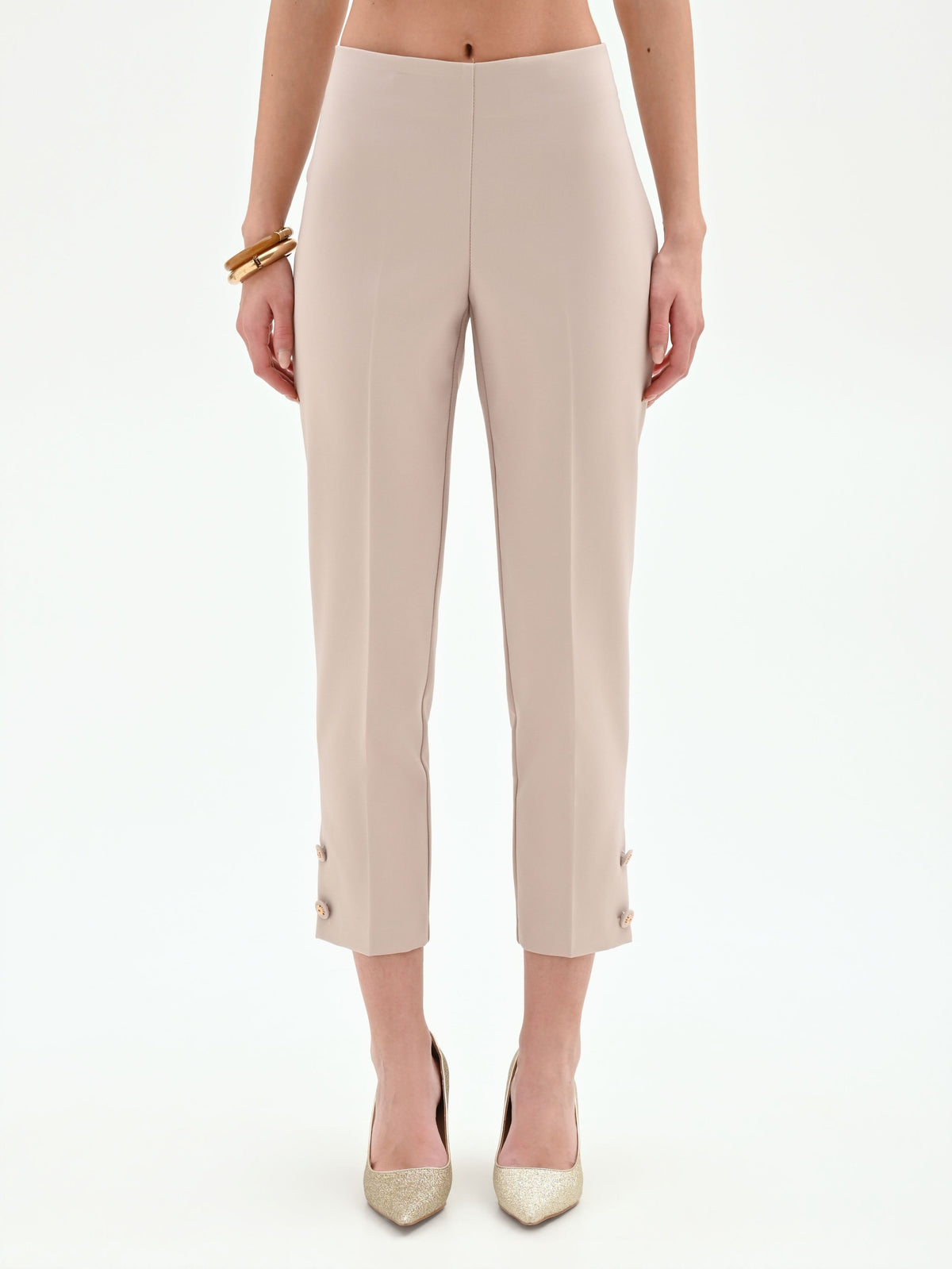 Pantalone cropped tortora beige con bottoni al fondo