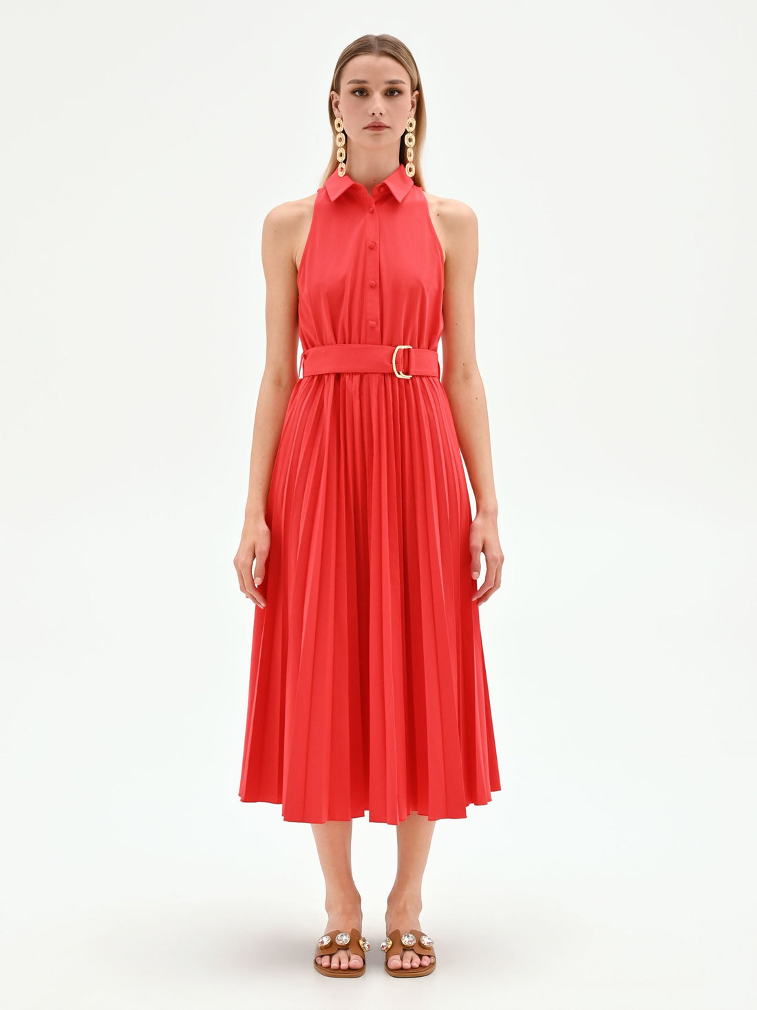 Abito chemisier rosso con gonna plissettata