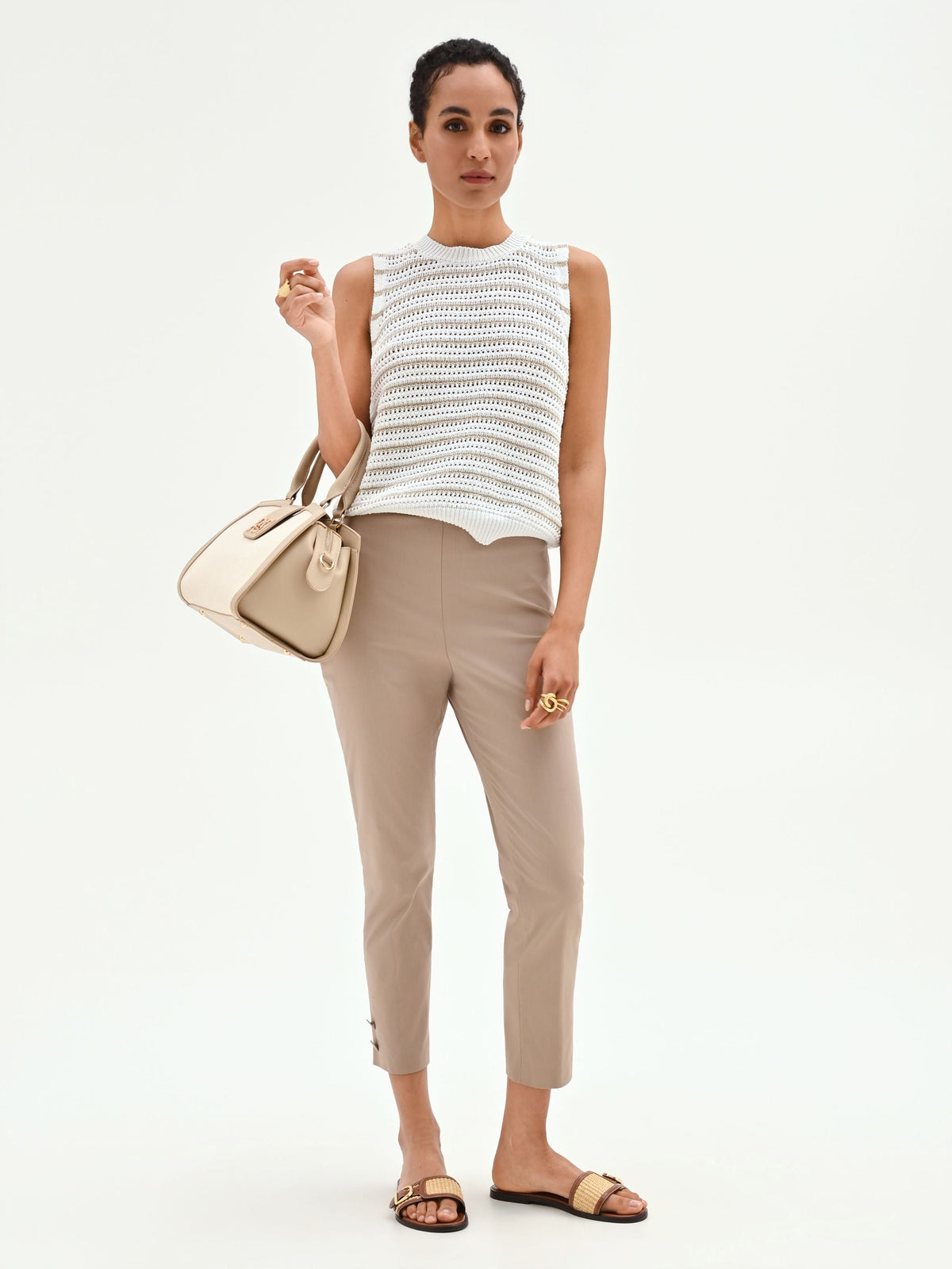Pantalone cropped tortora beige con spacchi in raso di cotone