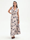 Abito lungo beige con stampa floreale blu navy