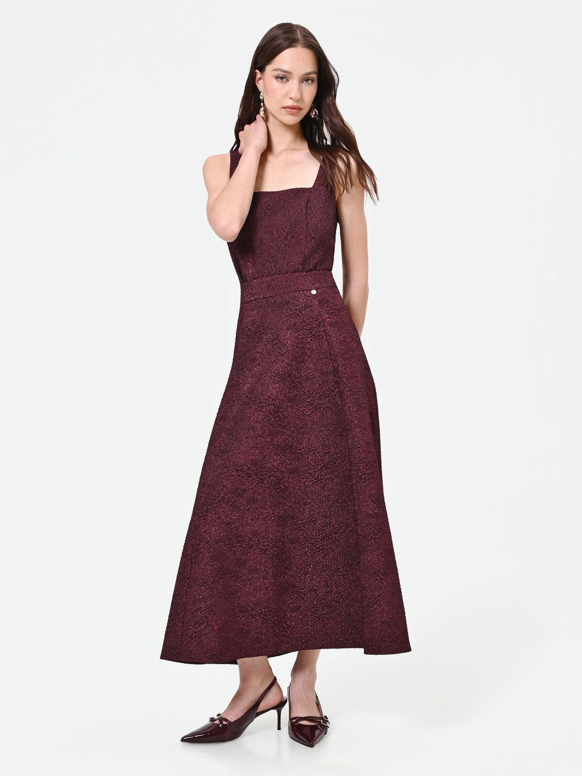 Gonna midi bordeaux intessuto jacquard lamé