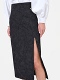 Gonna midi nera con spacco in tessuto jacquard
