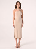 Abito Beige Stretch con Scollo Asimmetrico