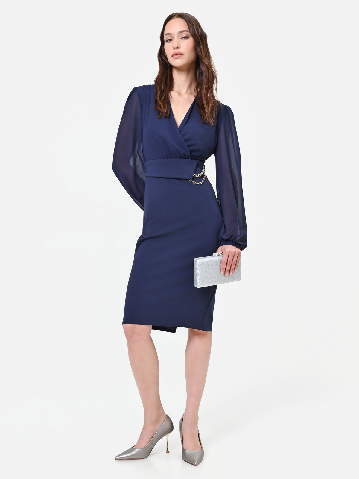 Abito tubino blu navy con maniche velate