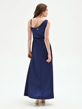 Abito atelier lungo blu indaco con nodo drappeggiato