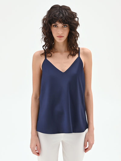 Top in raso blu navy con spalline sottili
