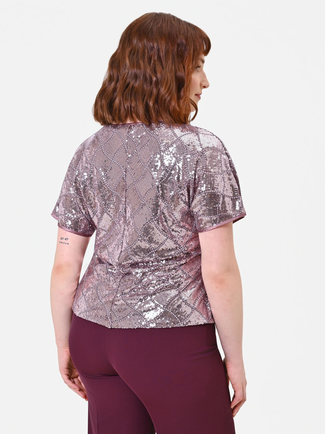 Blusa Curvy manica corta in paillettes rosa antico