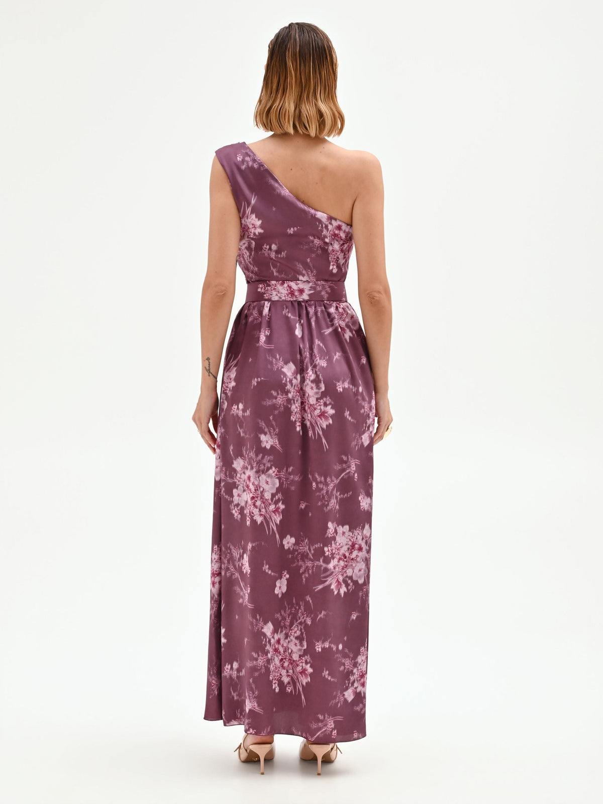 Abito lungo rosso bordeaux con stampa floreale