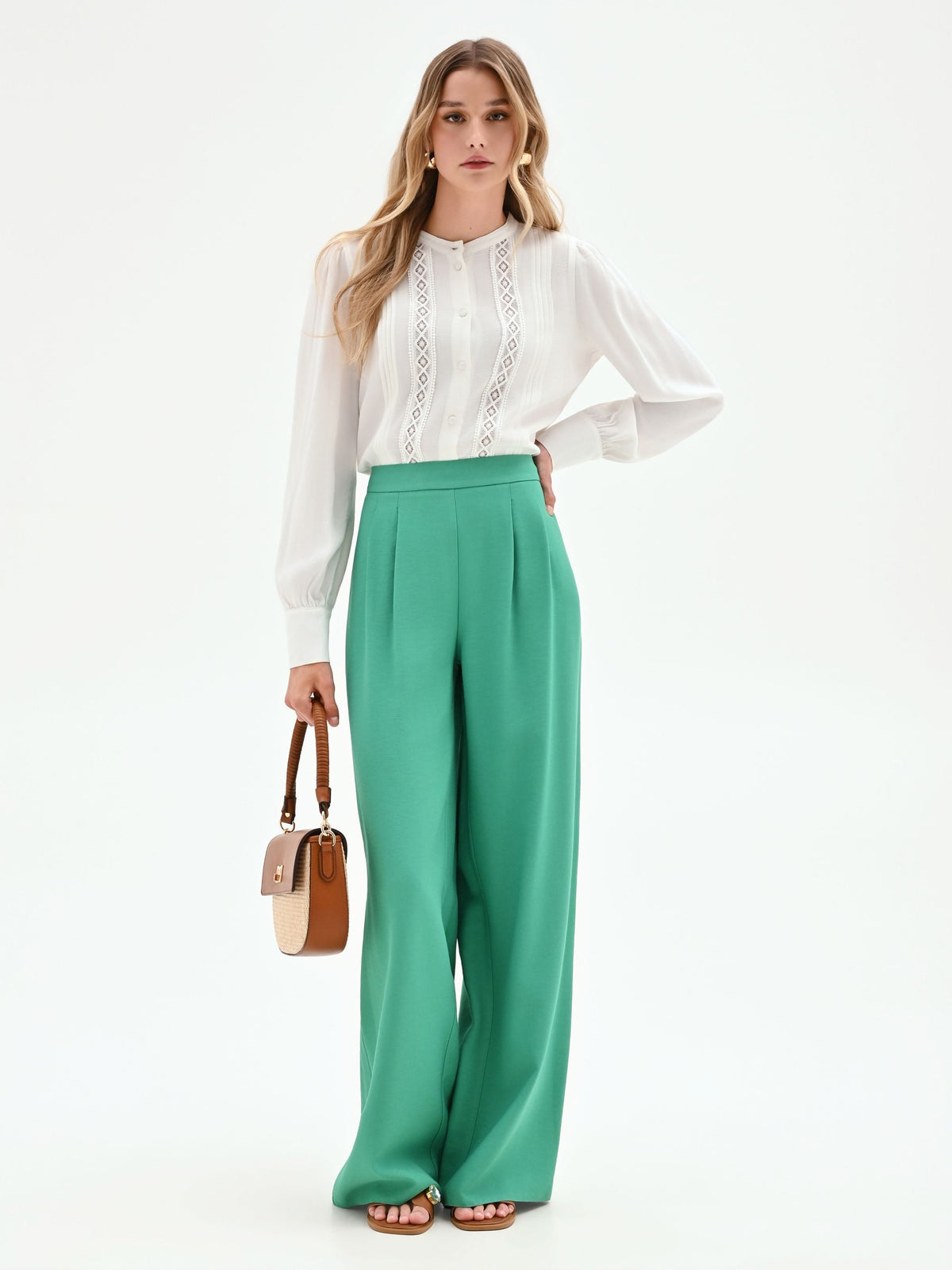 Pantalone palazzo verde a vita alta in poliviscosa
