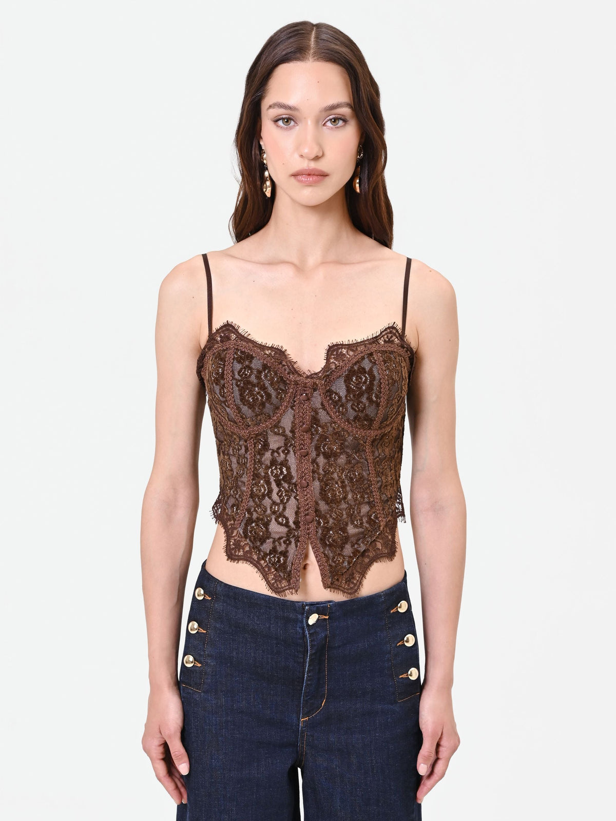Top bustier cioccolato in pizzo floreale