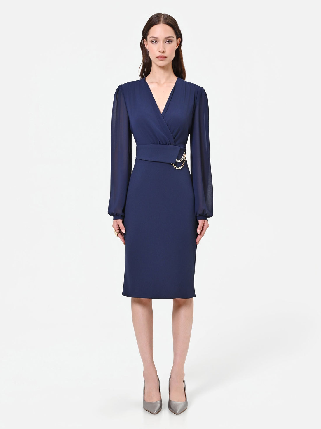 Abito tubino blu navy con maniche velate