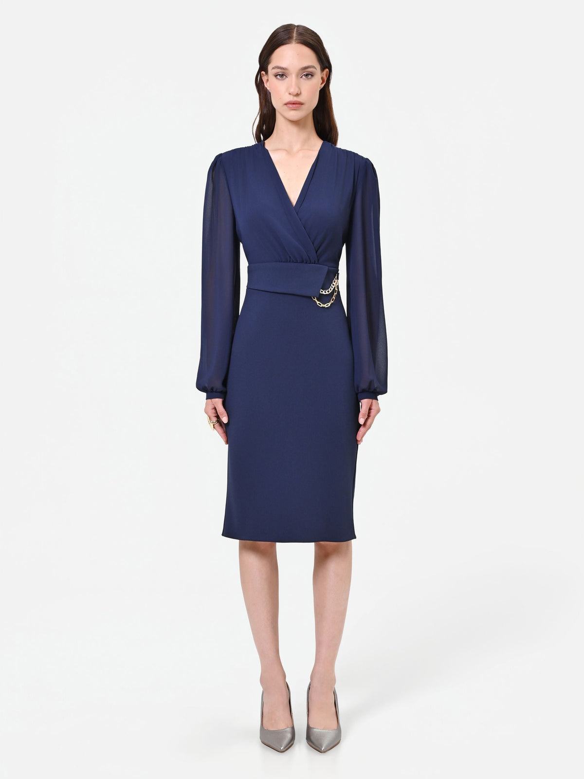 Abito tubino blu navy con maniche velate