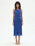 Abito midi blu brillante con drappeggio asimmetrico