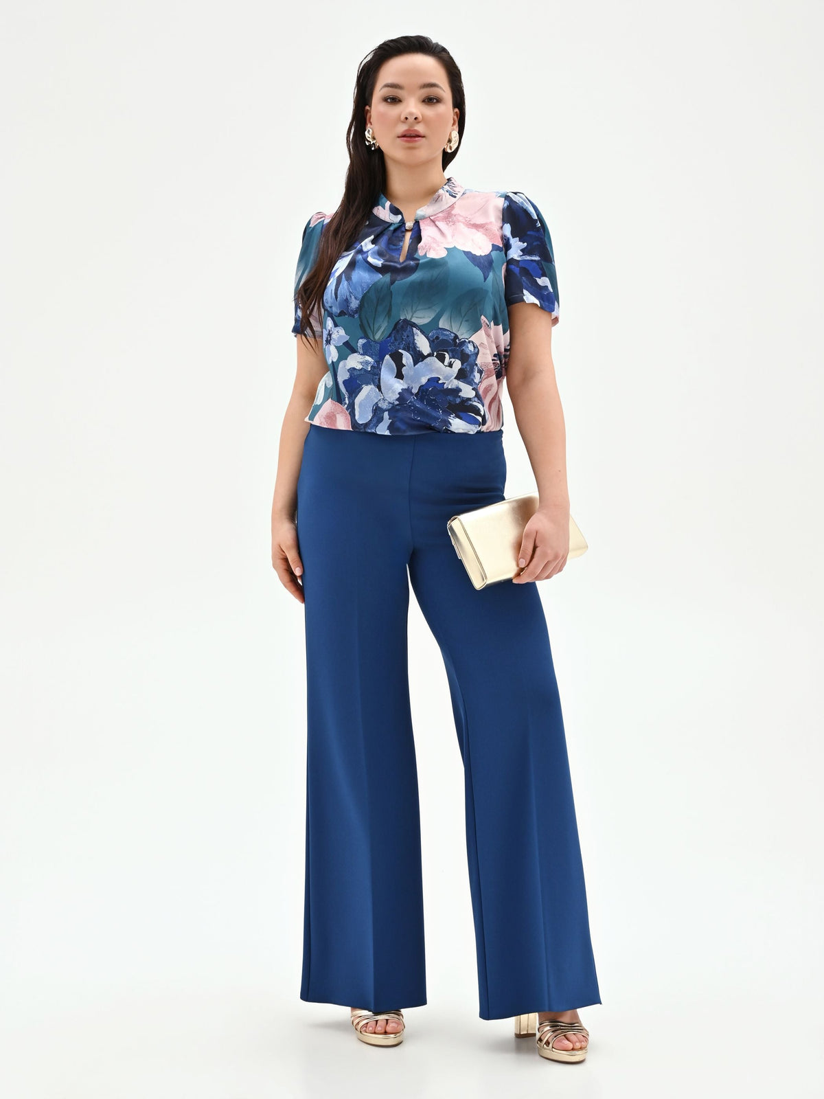 Pantalone Curvy  a palazzo blu brillante in scuba mano crepe