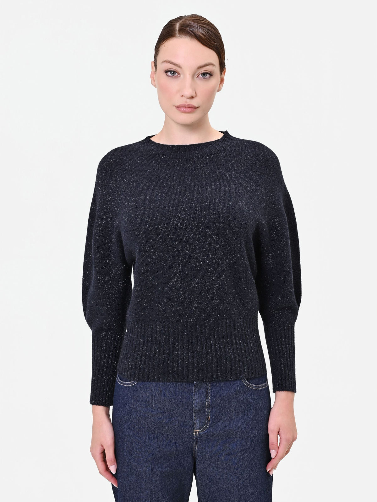 Maglia blu navy girocollo con filato luminoso in misto viscosa