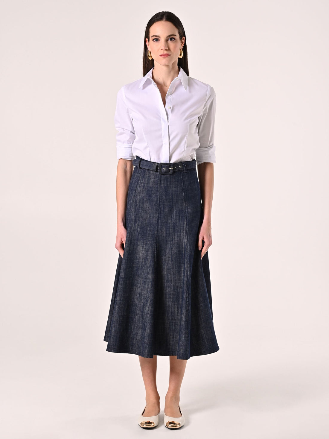 Gonna Midi in Denim con Cintura Ricoperta