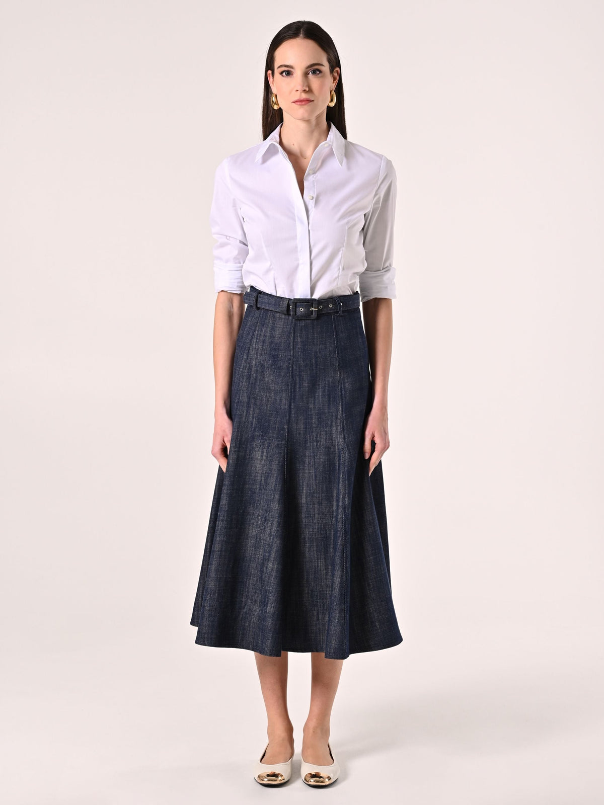 Gonna Midi in Denim con Cintura Ricoperta