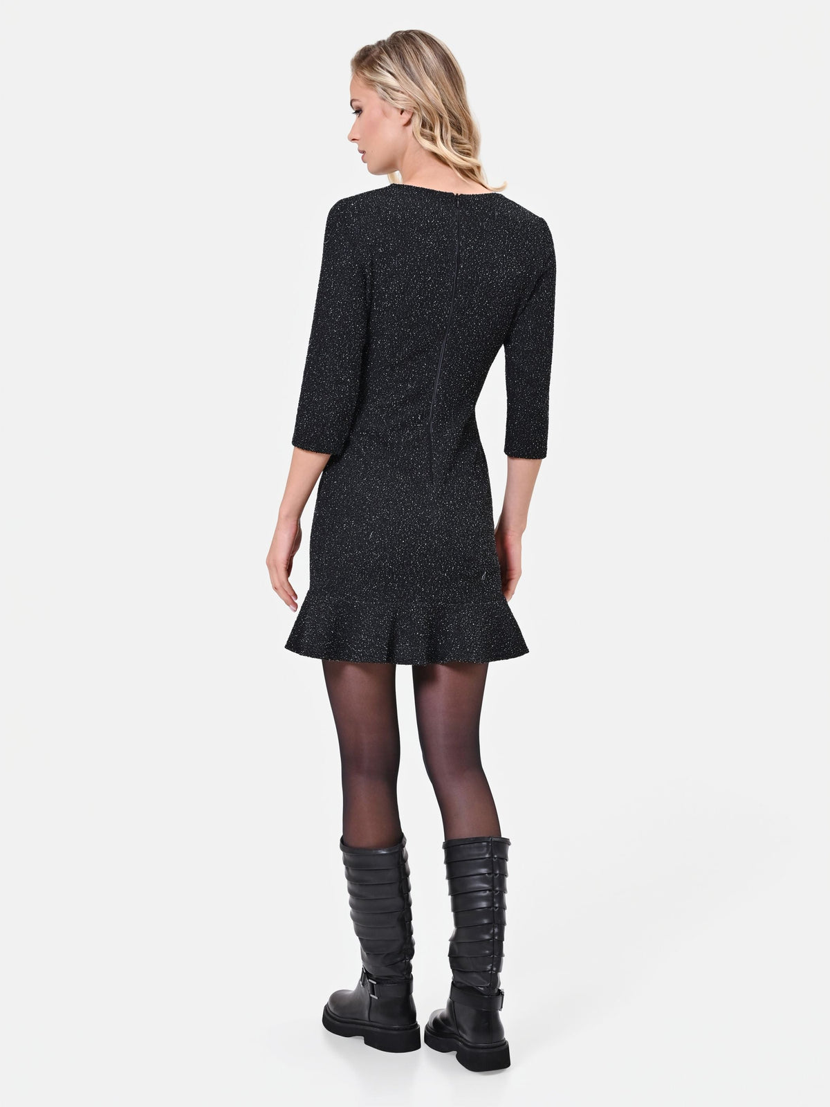 Abito corto nero in tweed con fiocchi