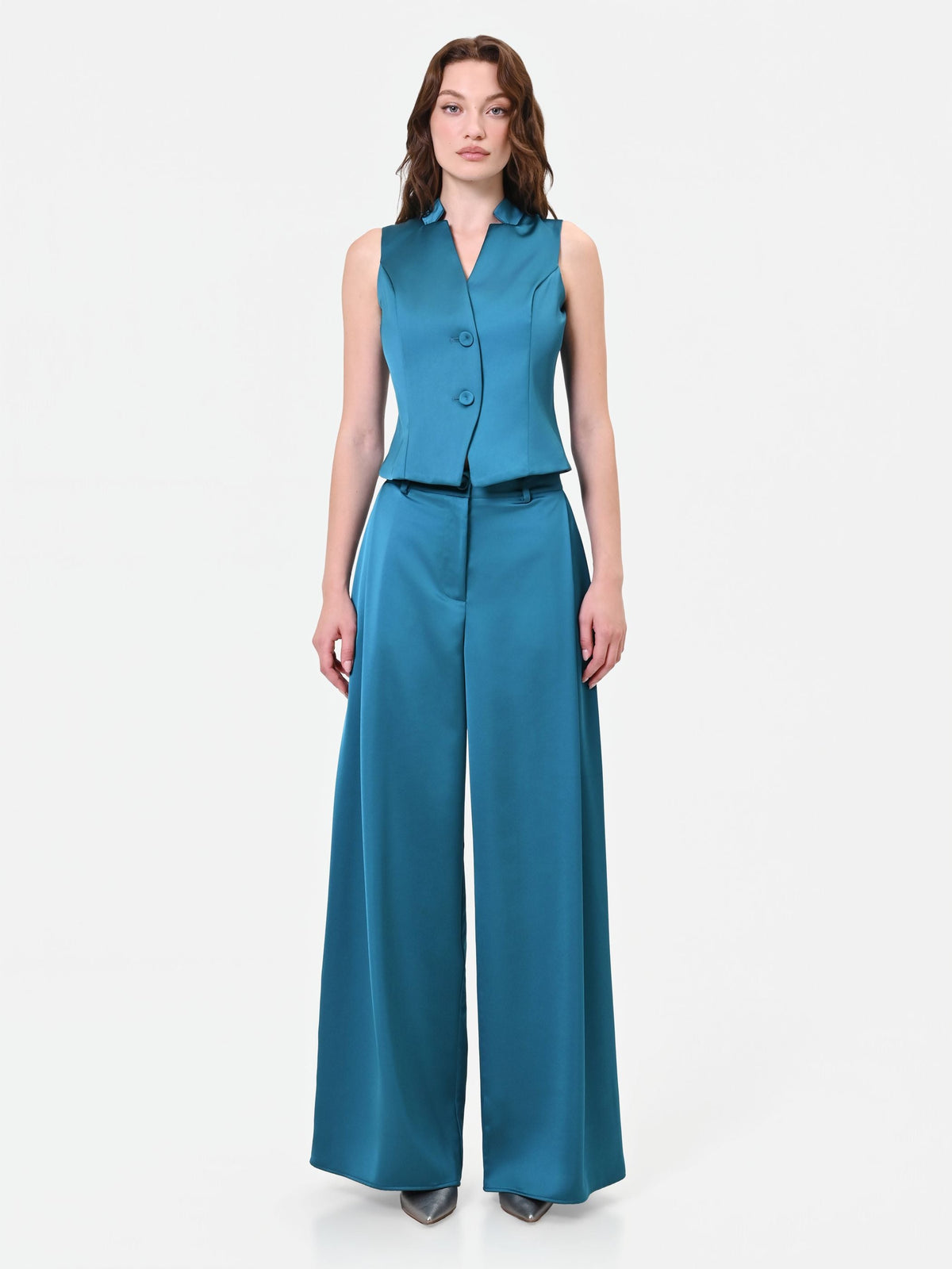 Pantalone palazzo blu ottanio in raso