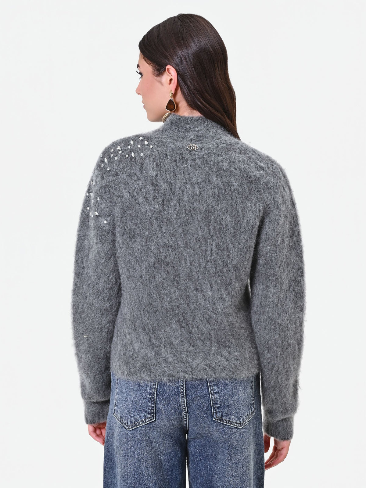Maglia grigia in mohair con applicazione gioiello Giorgia Palmas X Rinascimento