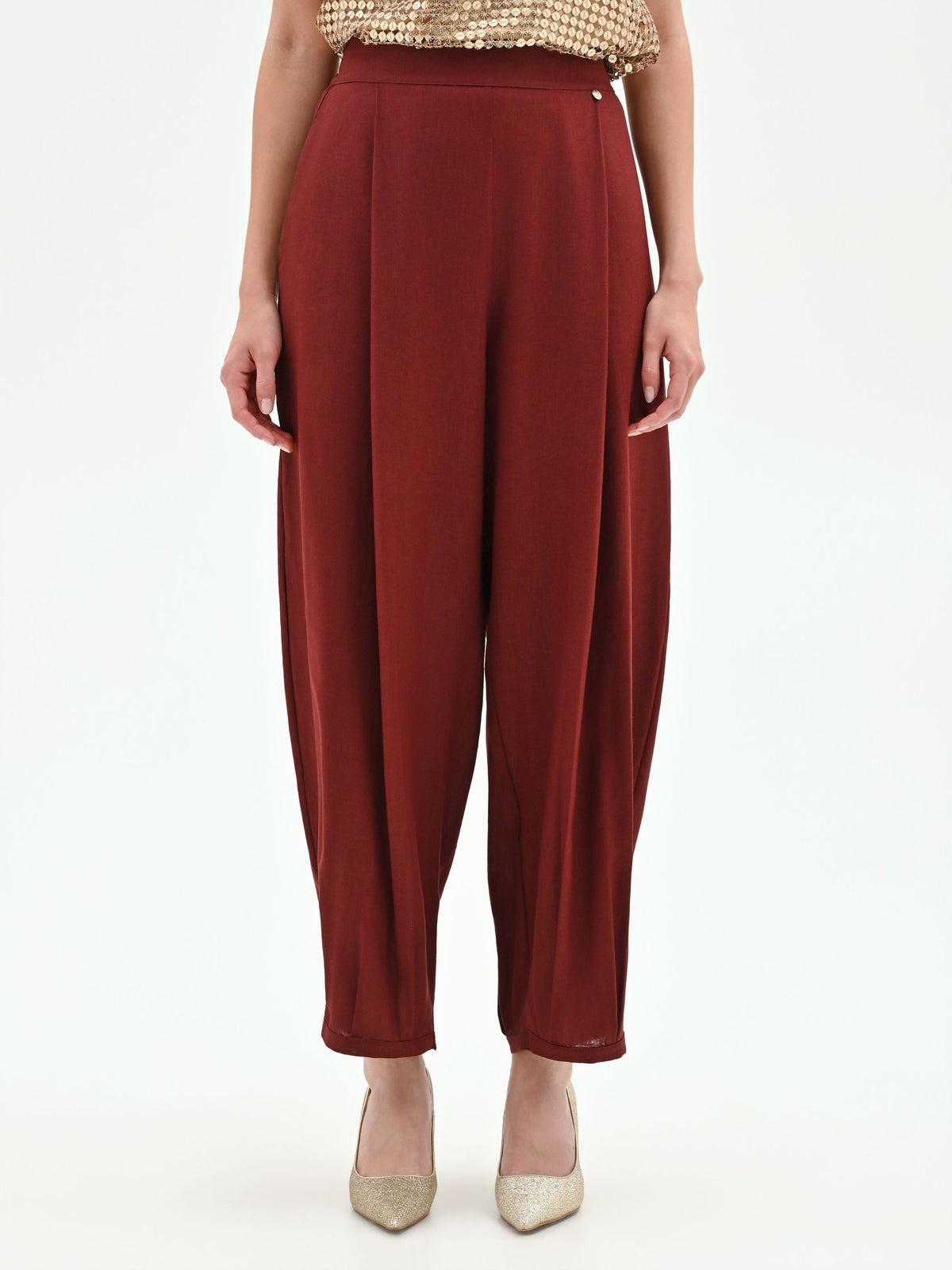 Pantalone bordeaux a palloncino in lino