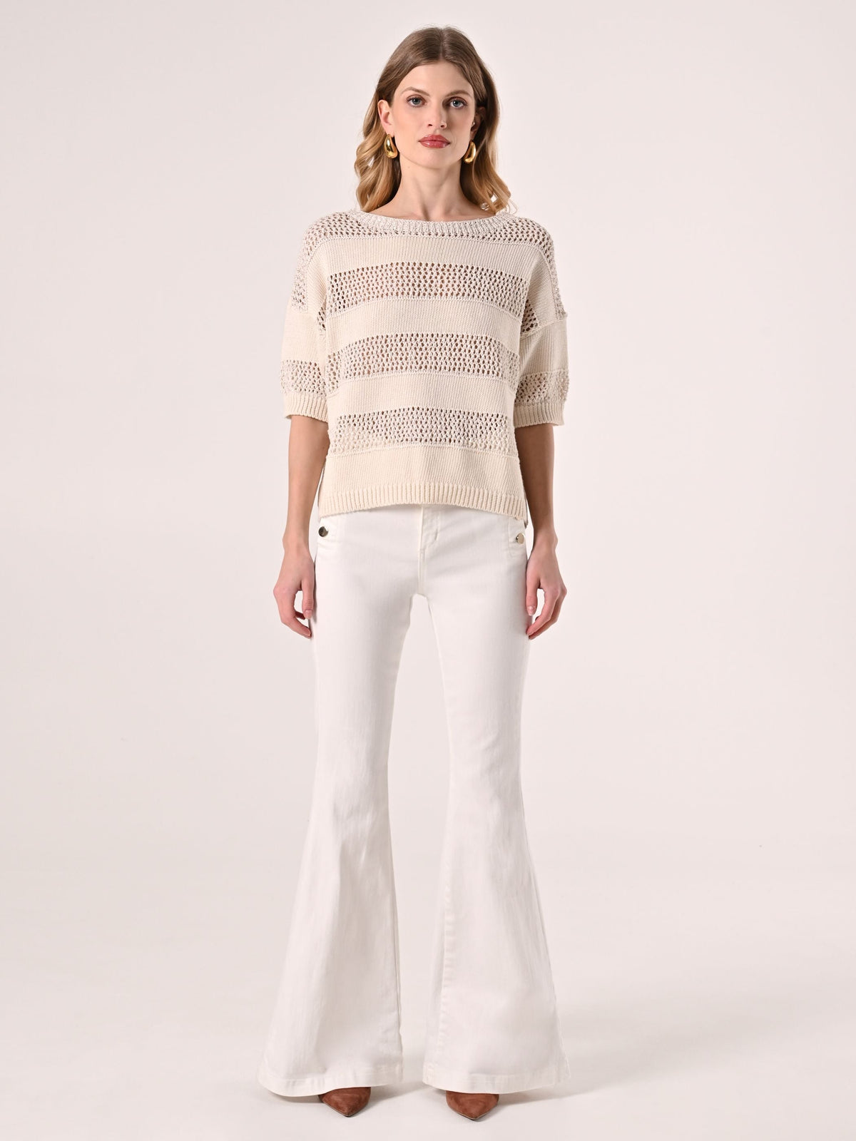 T-shirt in Maglia Traforata Beige