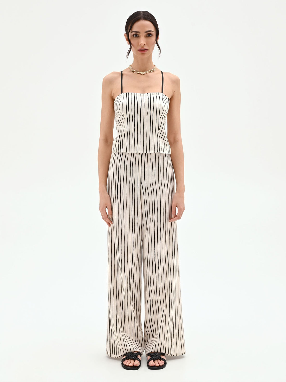Top in lino panna con fantasia a righe