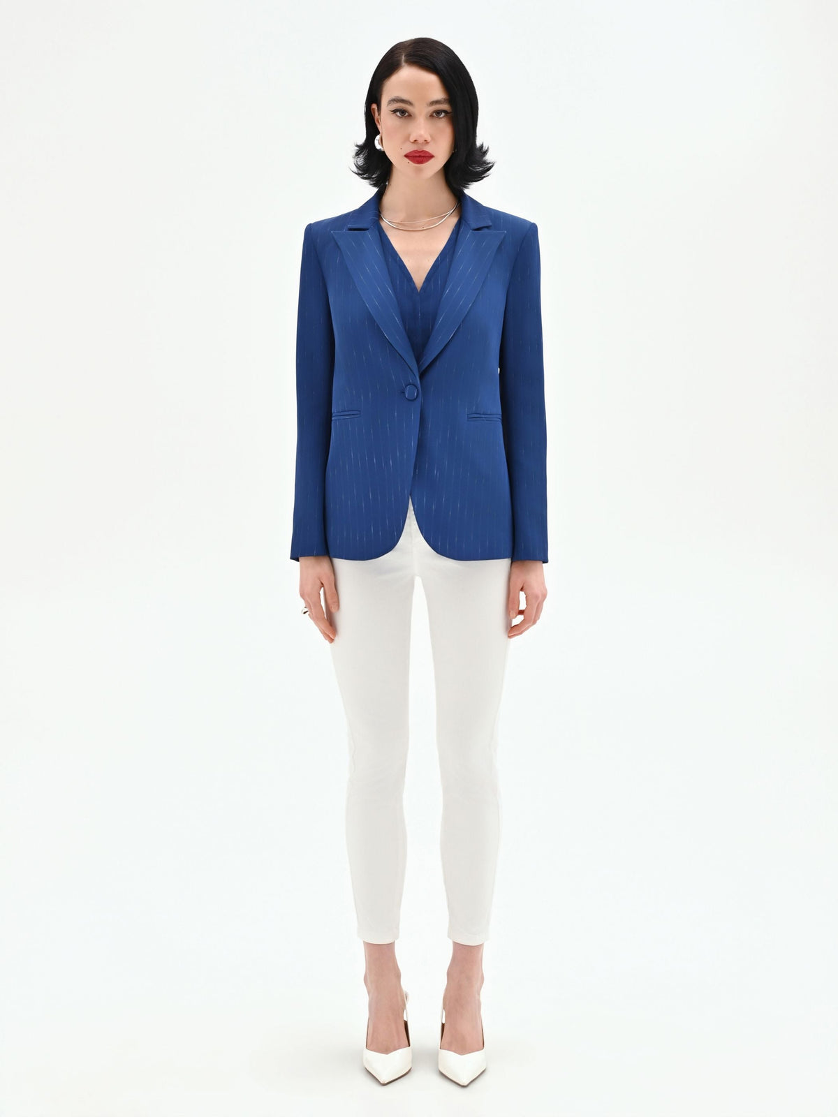 Giacca blazer blu brillante effetto gessato