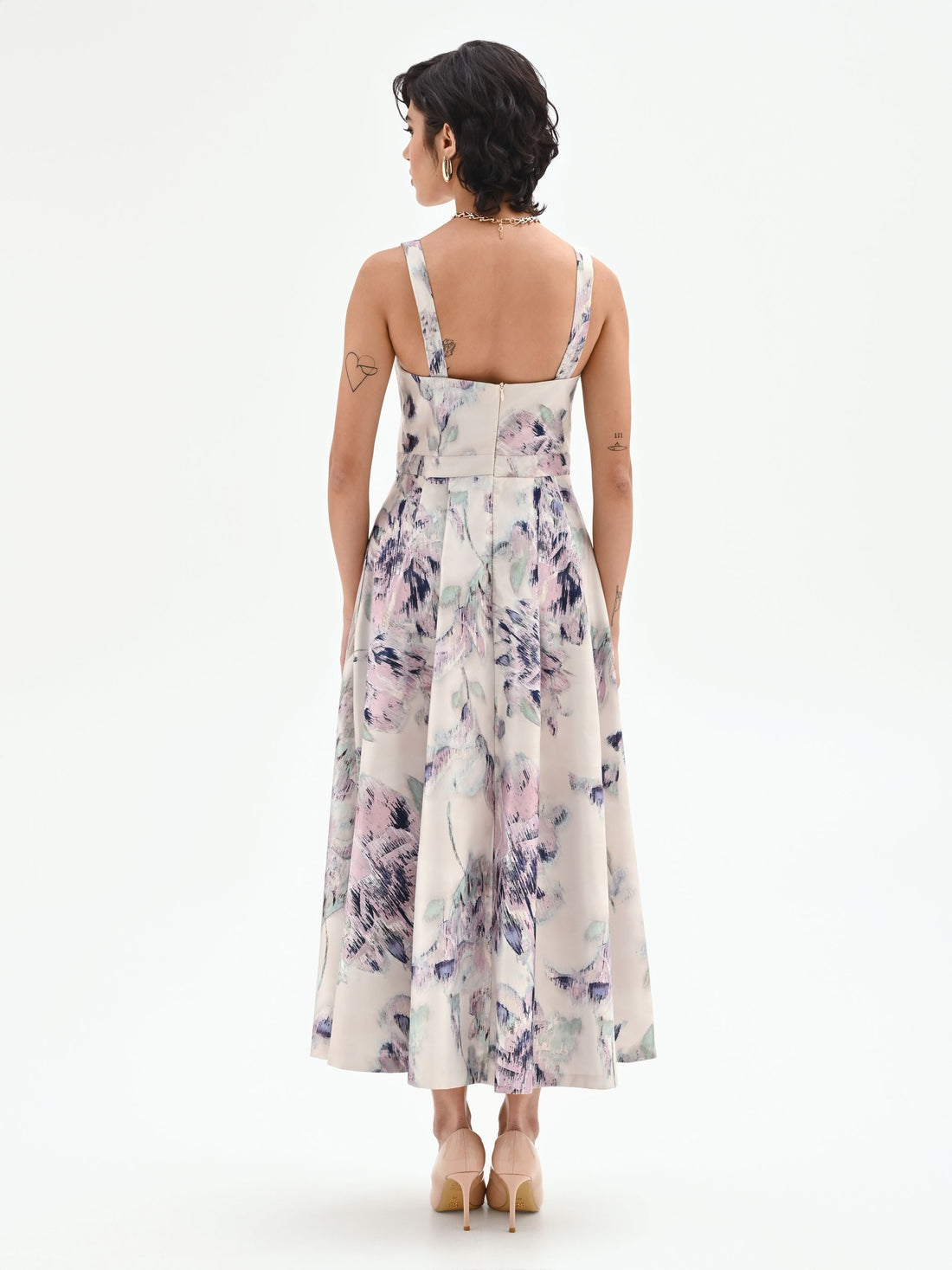 Abito midi a fiori astratti bianco panna