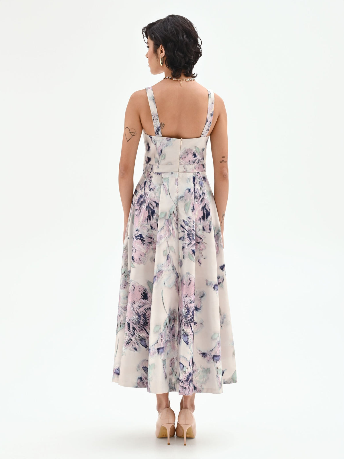 Abito midi a fiori astratti bianco panna
