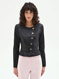 Giacca nera in similpelle con silhouette a peplo