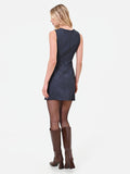Abito smanicato blu navy con gonna a portafoglio