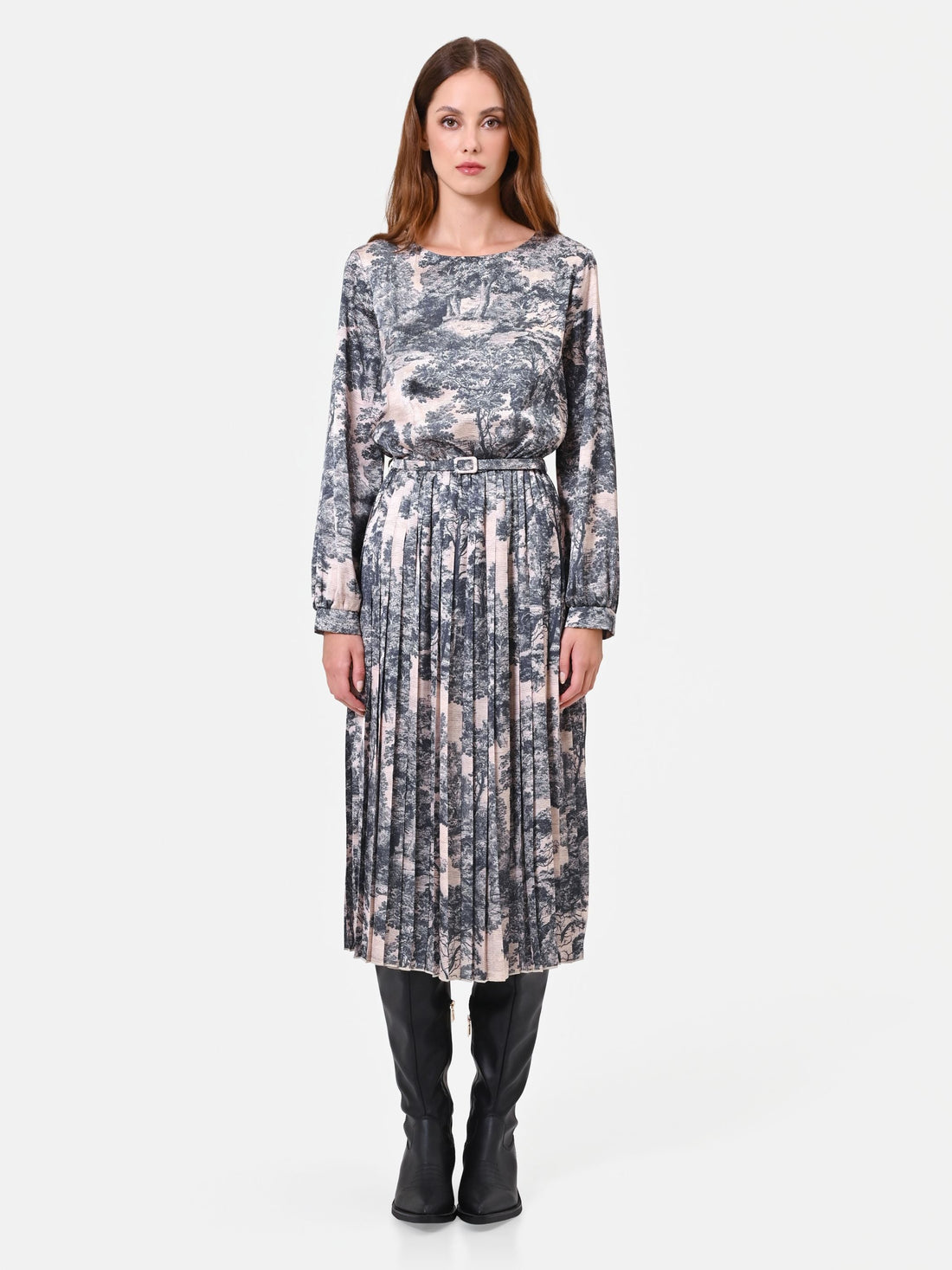 Abito midi grigio toile de jouy con gonna plissettata