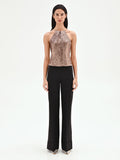 Top scollo halter in paillettes marrone bronzo