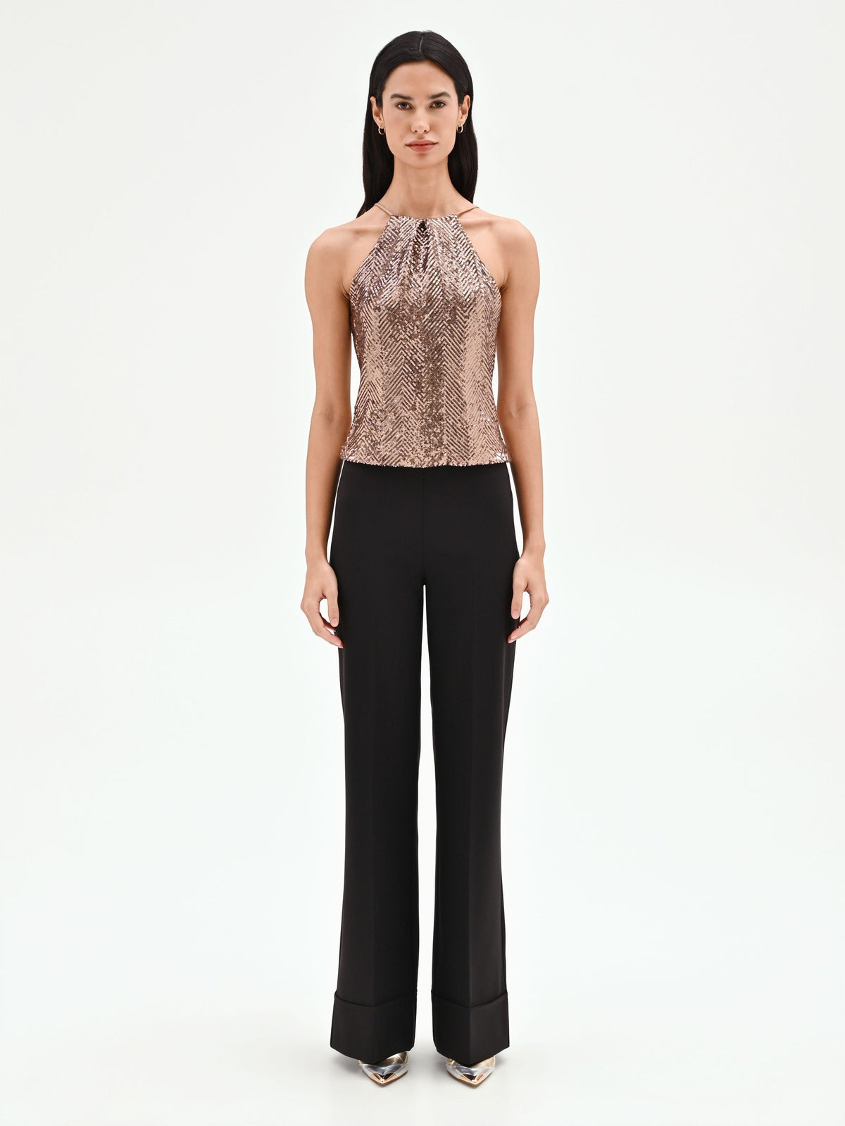 Top scollo halter in paillettes marrone bronzo