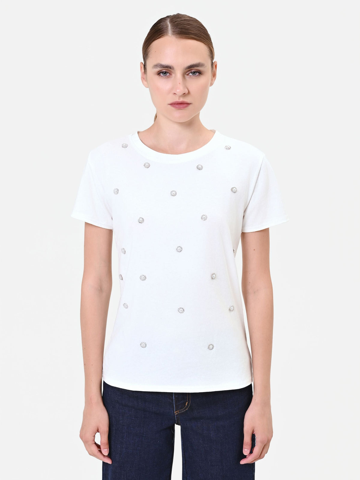 T-shirt panna con applicazioni gioiello