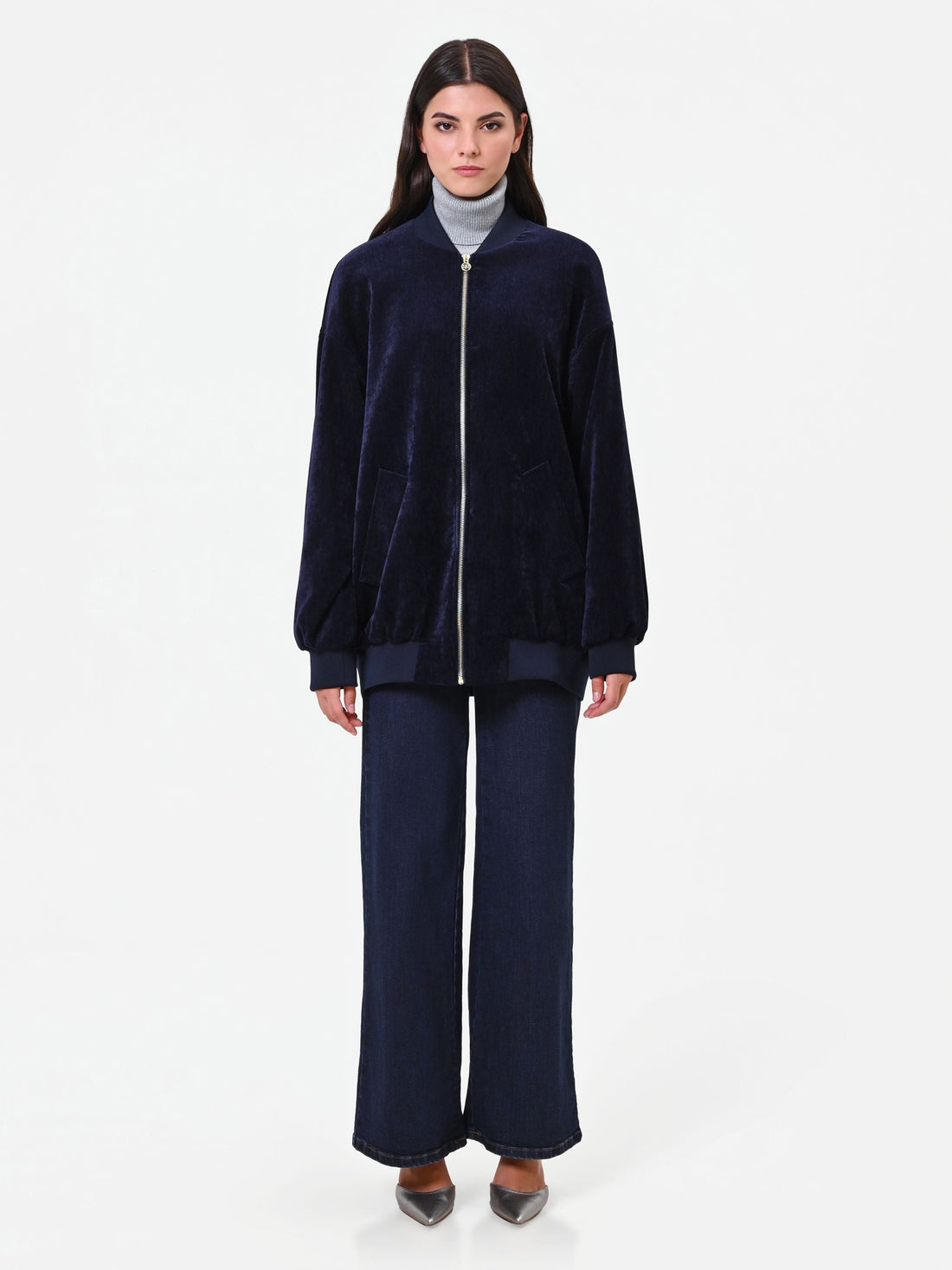 Bomber oversize in velluto blu navy Giorgia Palmas X Rinascimento