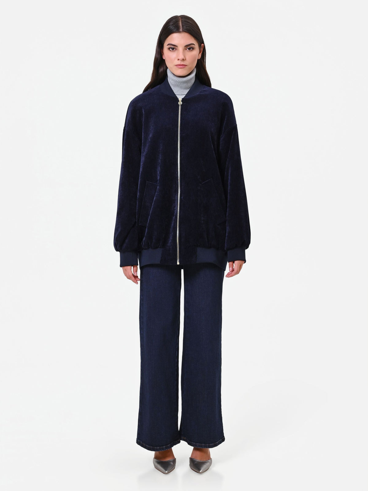 Bomber oversize in velluto blu navy Giorgia Palmas X Rinascimento